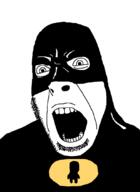 arm batman batman_(series) capeshit clothes costume dc_comics full_body glasses man mask open_mouth soyjak stubble superhero teeth variant:chudjak variant:cobson white_background // 784x1073 // 44.0KB