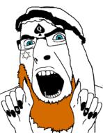 arab bbc beard blue_eyes clothes ginger glasses hat keffiyeh muhammad open_mouth orange_hair painted_nails queen_of_spades soyjak star_of_david tattoo variant:cobson // 1080x1402 // 350.7KB