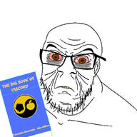 angry bloodshot_eyes book brown_eyes discordianism eye_bags glasses principia_discordia soyjak stubble variant:feraljak wrinkles // 1024x1024 // 132.4KB