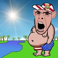 amerimutt angry arm black_sclera brown_eyes brown_skin cap clothes ear fat flag flag:florida flag:united_states florida foot full_body hat leg open_mouth palm_tree river soyjak stubble sun tree united_states variant:cobson // 1200x1200 // 316.0KB
