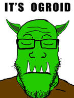 closed_eyes closed_mouth glasses goblim green its_over ogroid orc text variant:markiplier_soyjak // 720x953 // 308.7KB
