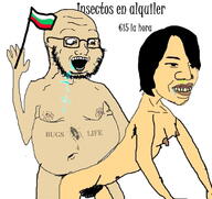 asian bant_(4chan) beard breasts brown_eyes brown_skin bug bulgaria cockroach crazed crying drool fat female flag glasses gross hair hand holding_flag holding_object leg mucus nipple nsfw open_mouth sex soyjak spanish_text stubble tattoo text variant:soyak yellow_skin // 675x637 // 107.8KB