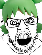 4chan angry anime glasses green_hair hair mustache no_eyebrows open_mouth soyjak stubble variant:feraljak yotsoyba // 811x1049 // 260.1KB