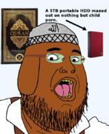 beard brown_skin clothes glasses hat islam janny open_mouth quran soyjak suspenders variant:fatjak yellow_teeth // 714x874 // 261.0KB