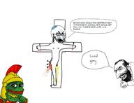 arm blood bloodshot_eyes christianity clothes cross crucifixion crying frog full_body glasses hand happy_merchant hat jesus judaism kippah large_nose open_mouth payos pepe piss poop roman soyjak stubble text thick_eyebrows variant:cryboy_soyjak // 1280x980 // 424.2KB