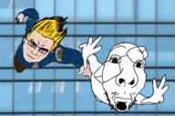 animated arm badge buff building falling fist full_body glass glasses glasses_askew hair hand hands_up lips looking_at_you mustache open_mouth police soyjak stubble superhero variant:chudjak variant:fisheyejak window yellow_hair // 720x480 // 4.2MB