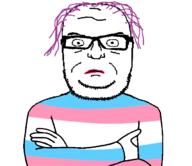 angry arm closed_mouth clothes crossed_arms glasses hair lipstick serious soyjak stubble tranny transgender_flag variant:seriousjak // 668x577 // 32.7KB