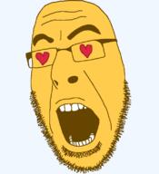 emoticon glasses heart love no_eyes open_mouth soyjak stubble variant:cobson yellow yellow_skin // 721x789 // 35.2KB