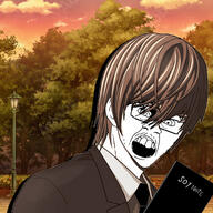 angry anime bench book brown_hair bush clothes cloud death_note ear evening flower glasses holding_object light light_yagami open_mouth park plant shadow shrub soyjak streetlamp suit sunset tree variant:feraljak // 2048x2048 // 2.6MB
