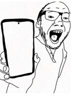 balding cross_eyed duolingo glasses hair holding_object holding_phone large_mouth open_mouth polo soyjak stubble template traced variant:phoneboy // 565x756 // 76.2KB