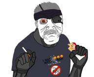 arm bloodshot_eyes cigarette closed_mouth ear frown grey_hair hand headband holding_object i_hate metal_gear mustache old smoking snake solid_eye solid_snake soyjak text variant:feraljak video_game // 1500x1238 // 496.7KB