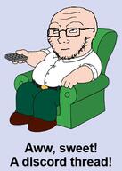 arm arm_chair bald belt belt_buckle cartoon chair closed_mouth clothes discord family_guy fat full_body glasses looking_up peter_griffin remote shoe soyjak stubble text tshirt variant:soyak white_shirt white_skin // 340x477 // 76.5KB