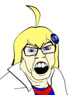 angry badge blue_eyes clothes female glasses hair knowyourmeme necktie open_mouth ornament soyjak variant:feraljak white_skin yellow_hair // 1500x1800 // 148.2KB