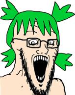 4chan anime crazed glasses green_hair hair meta:possibly_duplicate open_mouth soyjak stretched_mouth stubble variant:soyak white_skin yotsoyba // 322x404 // 60.7KB