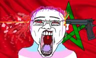 blood bloodshot_eyes clothes country flag glasses gun hair morocco open_mouth purple_hair shot soyjak subvariant:chudjak_front suicide tranny variant:chudjak weapon // 1109x673 // 827.1KB