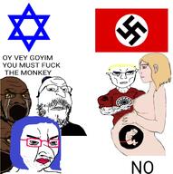 aryan baby blue_hair buff closed_mouth clothes crying ear female fetus glasses hair hat judaism kippah large_nose multiple_soyjaks nazism nordic_chad open_mouth pregnant smile smug sonnenrad soyjak stubble subvariant:chudjak_front subvariant:unbotheredchud swastika tranny tshirt variant:chudjak variant:gapejak variant:soyak vein yellow_hair yellow_sclera // 1531x1541 // 573.3KB