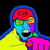 cia colorful glasses glowing hand mustache open_mouth pointing soyjak stubble text variant:feraljak // 994x989 // 76.8KB