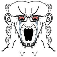 animated barneyfag bloodshot_eyes boneless_(mlp) crying curtain ear glasses mirrored multiple_ears open_mouth soyjak stretched_mouth stubble variant:soyak // 988x1000 // 471.3KB