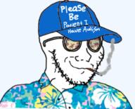 autism cap closed_mouth clothes glasses hat hawaiian_shirt smile smoke smoking soyjak stubble sunglasses variant:classic_soyjak // 379x305 // 118.3KB