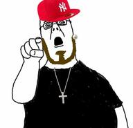 arm beard cap clothes earring fred_durst glasses hat limp_bizkit necklace open_mouth pointing soyjak tshirt variant:unknown // 640x618 // 22.6KB