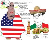 amerimutt angry aryan blond blue_eyes clothes countrywar flag flag:mexico flag:united_states food happy hat hot_sauce mexico subvariant:nucob table tacos variant:cobson // 1536x1258 // 408.1KB