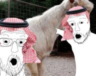 2soyjaks animal arab arm beard clothes glasses goat hair hand hat irl_background kaffiyeh mustache open_mouth pointing soyjak stubble variant:two_pointing_soyjaks // 4096x3239 // 12.7MB
