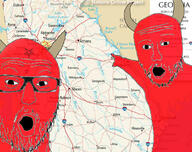 2soyjaks arm devil georgia_(us_state) glasses hand horn map mustache open_mouth pentagram pointing red_skin soyjak star stubble text variant:two_pointing_soyjaks // 1117x883 // 186.2KB