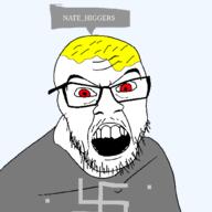 angry clothes glasses hair mustache nate nazism open_mouth red_eyes soyjak speech_bubble stubble swastika text variant:feraljak yellow_hair // 1500x1500 // 121.3KB