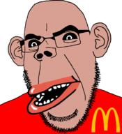 amerimutt big_lips brown_skin clothes ear glasses large_ear large_nose lips mcdonalds mutt open_mouth pink_skin red_shirt soyjak stubble teeth tshirt variant:cobson // 721x789 // 130.2KB