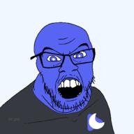 angry clothes cozy_tv glasses mustache open_mouth purple_eyes purple_skin soyjak stubble text tv_(4chan) variant:feraljak // 1500x1500 // 25.1KB