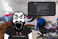 angry arm balding beard bedroom black_shirt chair claymore_gaming clothes discord eyebrows frog glasses gmod hair homestuck i_love irl irl_background lamp nepeta_leijon open_mouth pepe radio soyjak speech_bubble subvariant:science_lover teeth text tshirt variant:markiplier_soyjak // 3162x2107 // 4.6MB