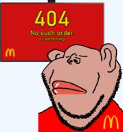 404 amerimutt closed_eyes closed_mouth clothes ear lips mcdonalds mutt or_something red_shirt soyjak subvariant:impish_amerimutt template transparent_background variant:impish_soyak_ears // 867x931 // 61.2KB