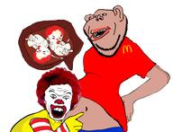 amerimutt angry brown_skin clothes clown ear horror mcdonalds open_mouth pregnant red_hair ronald_mcdonald soyjak stubble variant:feraljak variant:impish_soyak_ears // 968x740 // 293.9KB