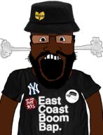 90s angry arm badge beard black_skin clothes east_coast fume glasses hat logo music open_mouth rap smoke soyjak text the_coli tshirt united_states variant:science_lover wu_tang_clan yankees // 800x1042 // 338.1KB