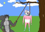 2soyjaks animal arm bloodshot_eyes buff clothes crying drawn_background ear flag full_body glasses grass grey hair hand hanging irl leg lynching mustache neovagina noose open_mouth outdoors purple_hair rope smile smug soyjak squirrel stubble suicide tail tongue tranny tree variant:gapejak_front variant:impish_soyak_ears yellow_teeth // 2100x1500 // 87.0KB