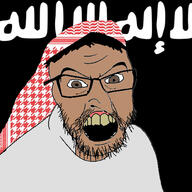 angry arab arabic_text brown_eyes brown_skin clothes flag glasses hair hat isis islam keffiyeh large_nose open_mouth soyjak stubble variant:feraljak yellow_teeth // 1000x1000 // 551.9KB