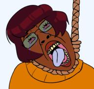 bloodshot_eyes brown_hair brown_skin cartoon clothes crying cryingy dark_skin dead eyelashes glasses hair hanging indian indian_female lipstick open_mouth rope scooby_doo suicide sweater teeth tongue transparent variant:bernd velma_dinkley yellow_teeth // 1974x1885 // 508.4KB