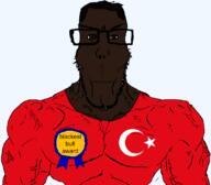 award badge brown_eyes bull clothes countrywar crescent euromutt flag flag:turkiye hair islam kara_boga muscles nigger star_(symbol) subvariant:euromutt subvariant:muscular_chud turk turkiye // 1059x929 // 57.4KB