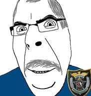 badge blue_shirt chitwood clothes glasses grey_hair mustache police shaved sheriff smile soyjak variant:cobson volusia // 674x706 // 170.0KB