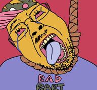 bad_bart bart_simpson baseball_cap bloodshot_eyes clothes crying dead glasses hanging mustache open_mouth rope soyjak stubble suicide the_simpsons tongue tshirt variant:bernd yellow_skin yellow_teeth // 760x704 // 105.1KB