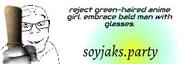 banner closed_mouth glasses grin hand holding_object smile soyjak soyjak_party stubble text variant:feraljak // 300x100 // 7.4KB