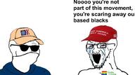 angry bloodshot_eyes cap clothes crying donald_trump frown glasses hat lgbt maga mask open_mouth patriot_front red_eyes soyjak stubble sunglasses text variant:soyak wojak // 999x557 // 70.5KB