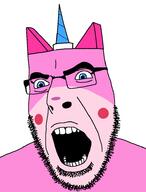 angry glasses horn open_mouth pink_skin soyjak stubble unikitty variant:cobson // 721x945 // 43.6KB
