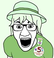 arm badge clothes crystal_cafe female glasses green_background green_hair hair hat oldfag open_mouth soyjak tshirt variant:el_perro_rabioso // 592x640 // 162.8KB