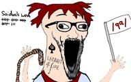 4chan anime anti_soyjak arm clothes flag glasses green_hair hair hand hands_up holding_object open_mouth qa_(4chan) red_hair rope soyjak stubble tattoo variant:wewjak white_skin yotsoyba // 940x591 // 343.1KB