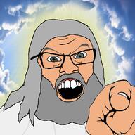 beard christianity clothes glasses glowing god green_eyes grey_hair hair hand heaven mustache open_mouth pointing religion robe sky soyjak variant:feraljak white_skin // 800x800 // 372.2KB