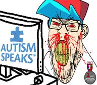 4chan angry autism_speaks badge blood bloodshot_eyes blue_hair boyfriend_(friday_night_funkin') cap clenched_teeth closed_mouth clothes cracked_teeth ear funkg hair hat mustache red_eyes soyjak stubble variant:feraljak white_skin yellow_teeth // 2039x1800 // 151.1KB