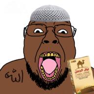 arabic_text beard brown_skin camel_urine glasses islam open_mouth soyjak taqiyah text tongue variant:bernd yellow_teeth // 1080x1080 // 100.8KB