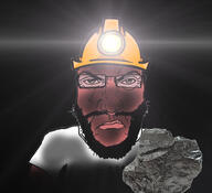 beard black_background clothes coal dust glasses hard_hat hat holding_coal holding_object lens_flare light miner mining punisher_face subvariant:science_lover variant:markiplier_soyjak // 3464x3150 // 928.4KB