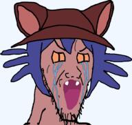 animal blue_hair brown_skin cat cat_ear clothes crying hair hat neko niko_oneshot oneshot open_mouth pancakes purple_skin soyjak stretched_mouth stubble variant:classic_soyjak video_game yellow_eyes // 1041x983 // 95.3KB